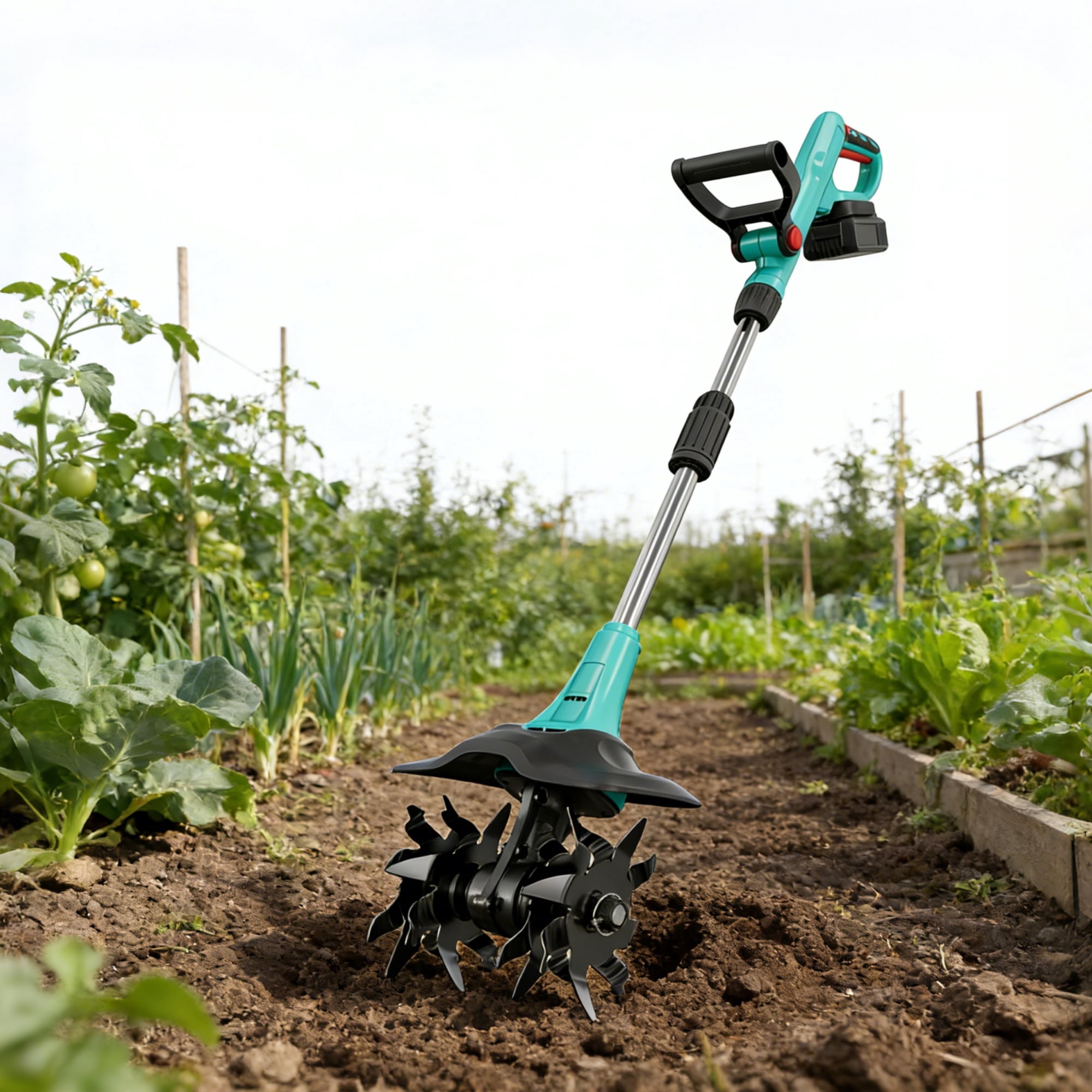 Garvee 20V Cordless Tiller Cultivator, 9" Electric Tiller with 2 x 2.0Ah Batteries and Charger for Lawn Care/Soil Cultivation, Lake Blue