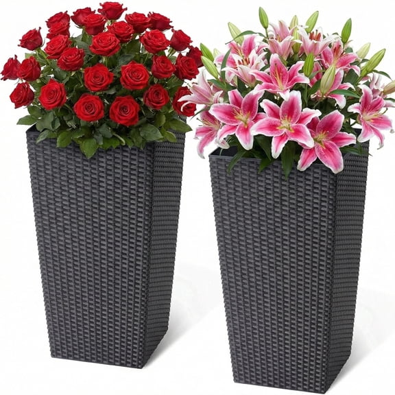 Garvee 22.5" Tall Planter Pots Set of 2, Rattan style, 2 Trays, Water Level Monitor, Wheels, Black