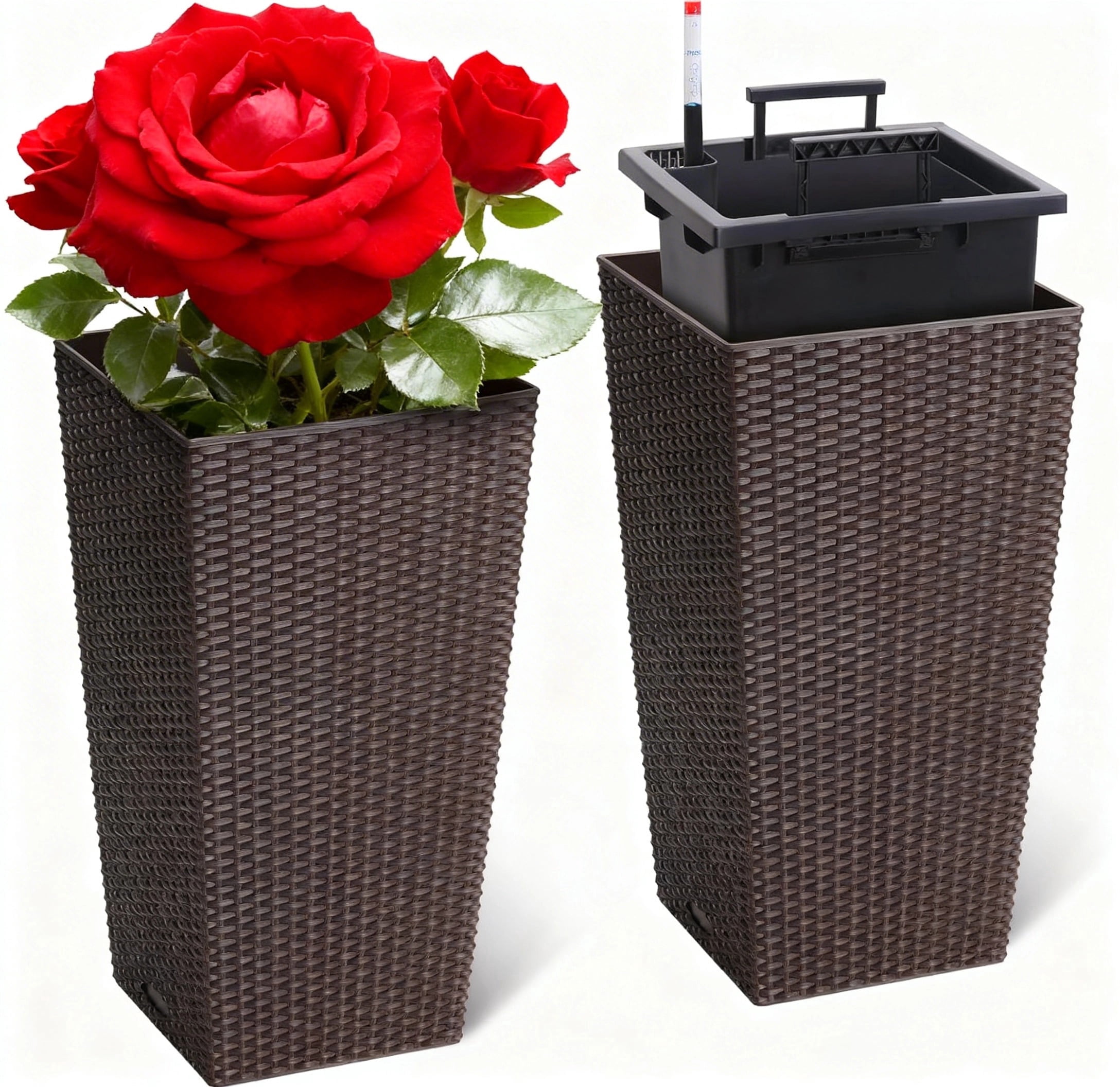 Garvee 22.5" Tall Planter Pots Set of 2, Rattan style, 2 Trays,Water Level Monitor, Wheels, Brown