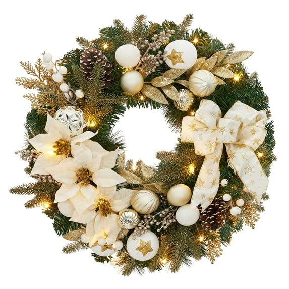 Garvee 24 Inch Christmas Wreath with Lights for Front Door, Pre-Lit Christmas Wreath, Lighted Xmas Door Wreath with Ball Ornaments for Christmas Door Fireplace Decor