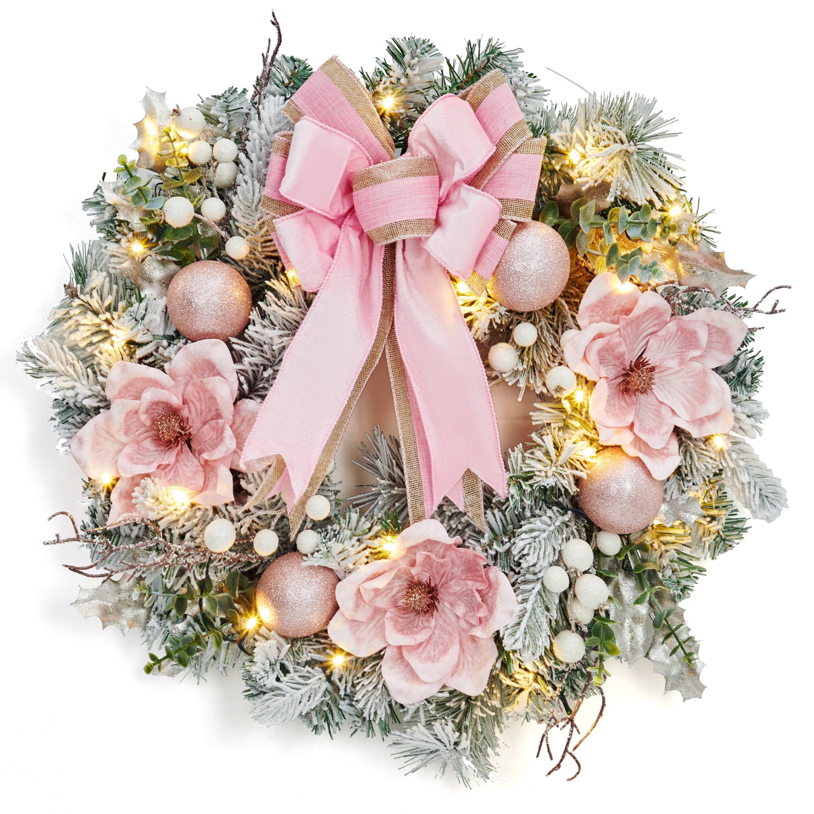 Garvee 24 Inch Christmas Wreath, Pre-Lit Front Door Wreath with 20 LED ...