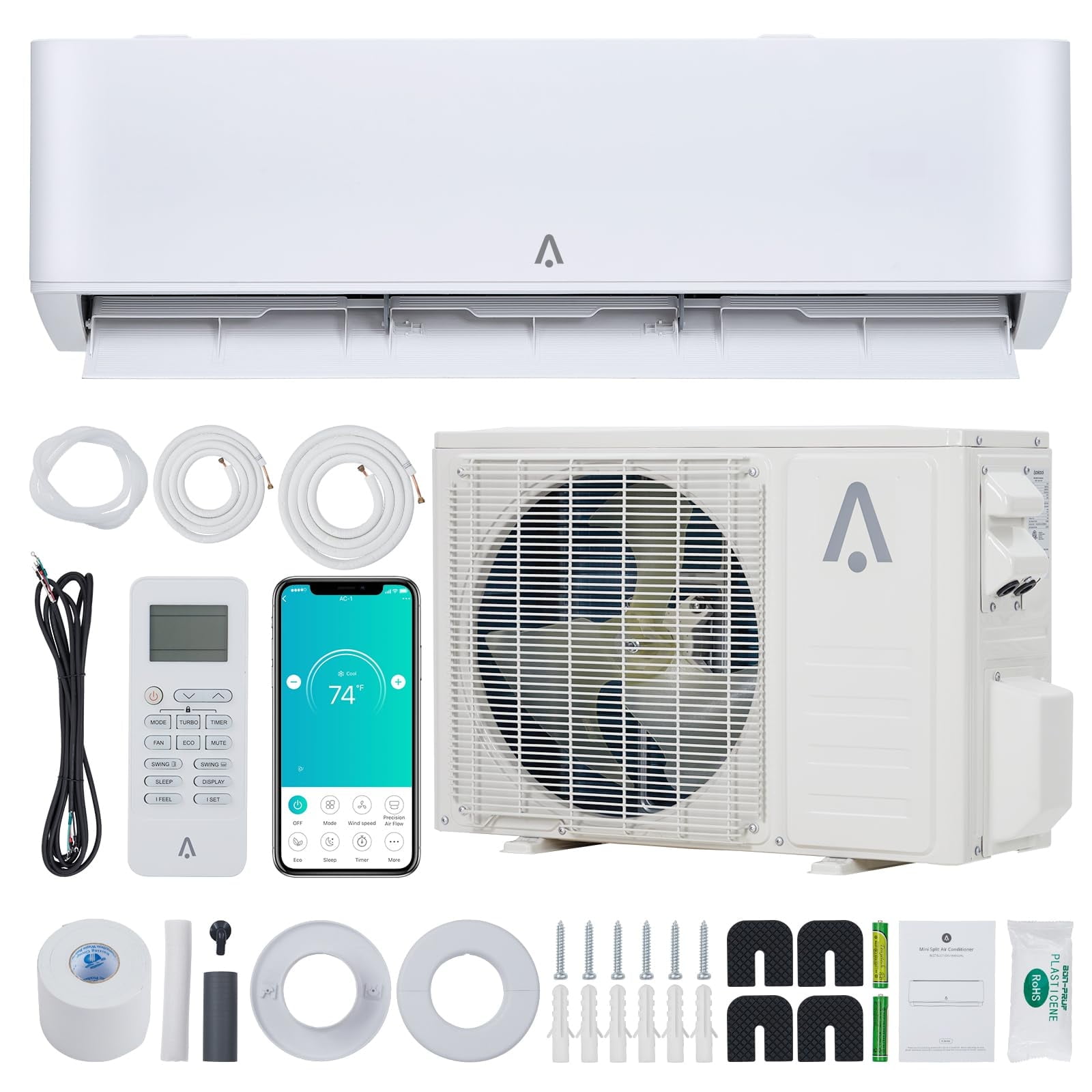 Garvee 24000 BTU Mini Split AC, 23 SEER2 Wall Mounted AC with Heat Pump & Installation Kits, Ductless Inverter Split-System Air Conditioners Cools up to 450 Sq. Ft, WIFI and Remote Control, 115V