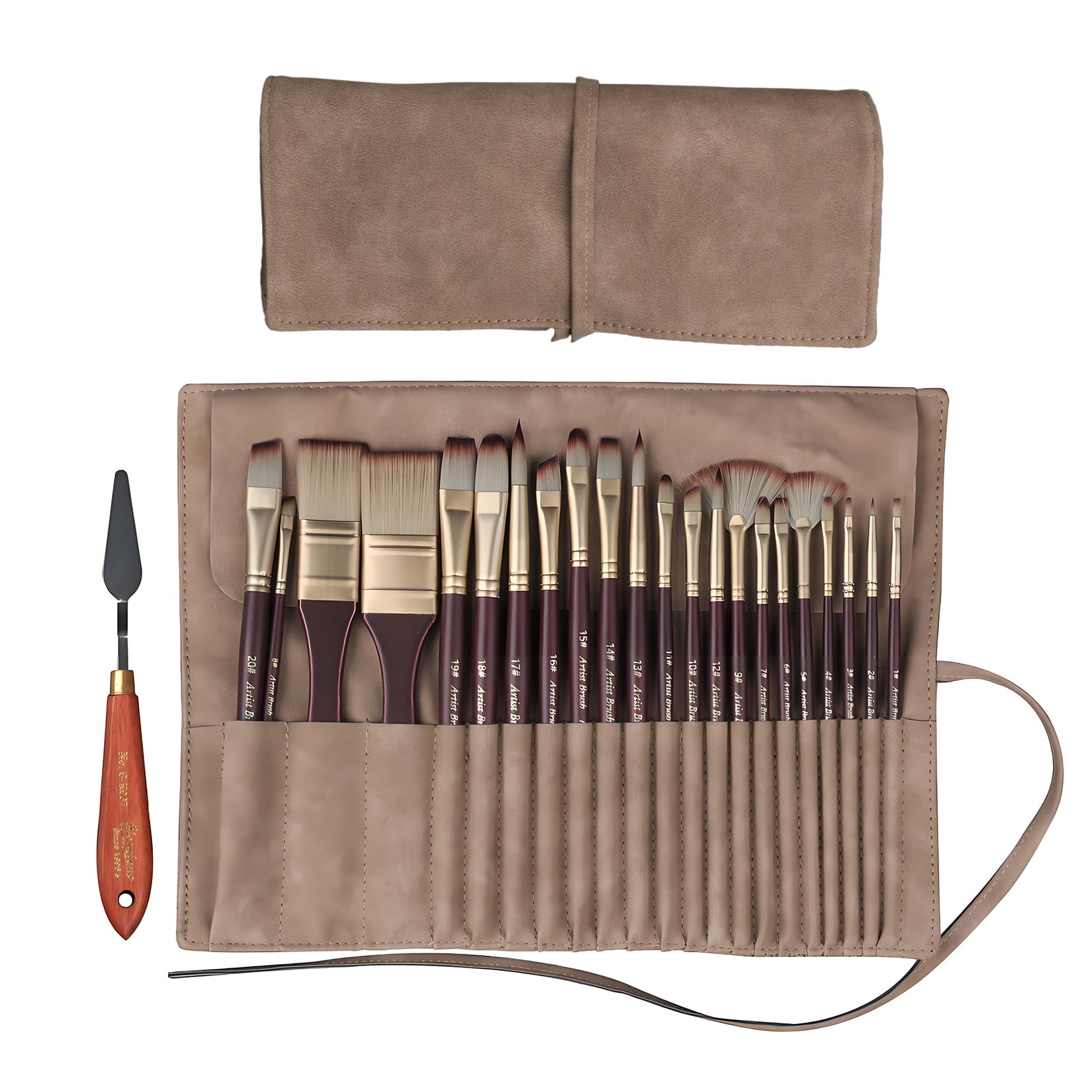 Garvee 24PCS Professional Paint Brush Set with Palette Knife and Suede Roll Case, Synthetic Nylon Artist Brushes for Acrylic Oil Watercolor & Gouache Painting, Wooden Handle Art Brush Kit