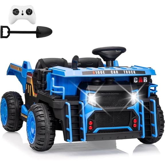 Garvee 24V Ride on Dump Truck for Kids 2 Seater Electric Cars with Remote Control, Dump Bed, Shovel, Music, LED, Wheel Shock Absorption, Ride On Construction Vehicle, Blue