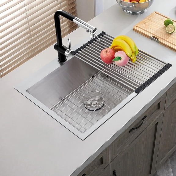 Garvee 25 x 22 Drop In Kitchen Sink, 16 Gauge Stainless Steel Topmount Deep Single Bowl Sink with Grid and Drain Strainer Set, Household Dishwasher Sinks for Workstation, RV, Prep Kitchen, Bar Sink