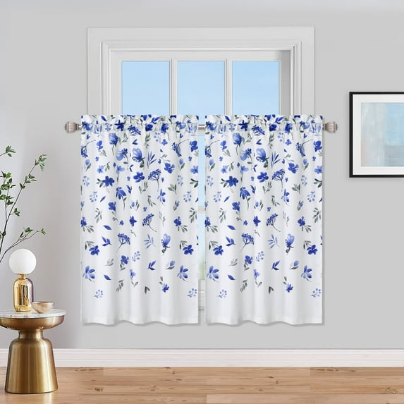 Garvee 26"W x 24"L Floral Pattern Kitchen Curtains Watercolor Flower Bathroom Window Curtains Leaf Design Rod Pocket Half Window Curtains, Navy Blue, Set of 2