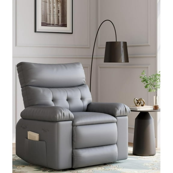 Garvee 27'' Oversized Massage Recliner Chair for Adults – Lounge Recliner with Vibrating and Heating, PU Leather Recliner with Cup Holders and Side Pockets for Living Room & Bedroom – Grey