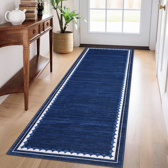 Garvee 2ftx6ft Runner Rug Modern Bordered Solid Rug with Non Slip Backing, Washable Rug Contemporary Neutral Minimalist Carpet for Hallway Bedroom Kitchen, Blue