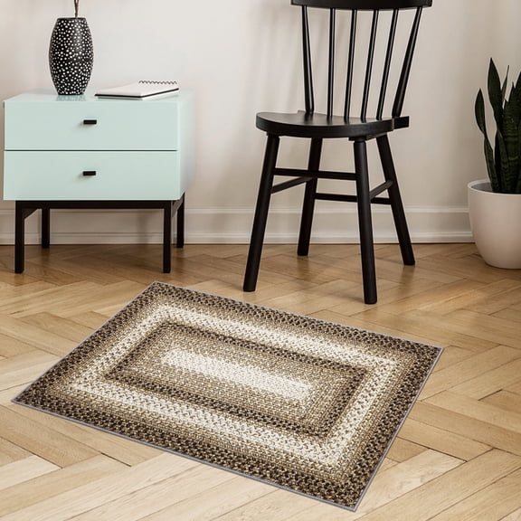 Garvee 2x3 Small Entryway Rug Braided Printed Doormat Washable Boho Door Mat Farmhouse Rustic Geometric Rug for Laundry Kitchen, Taupe