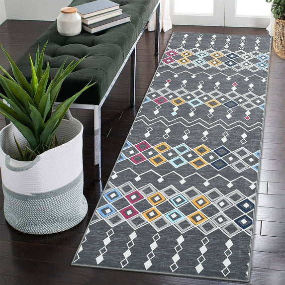 Garvee 2x6 Boho Runner Rug Farmhouse Geometric Runner Rug Soft Faux Wool Moroccan Hallway Runners Non-Slip Non-Shedding Rug for Laundry, Gray