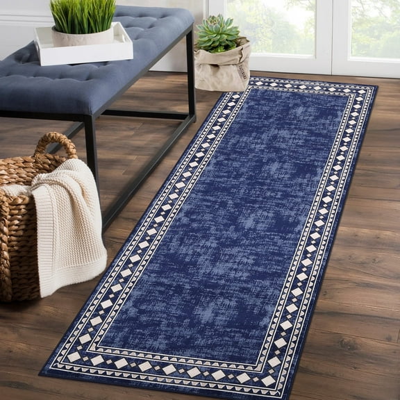 Garvee 2x6 Bordered Runner Rugs for Hallway, Non-Slip Washable Rugs Modern Soft Throw Rugs Low-Pile Stain Resistant Carpet for Kitchen Entryway Bathroom, Blue