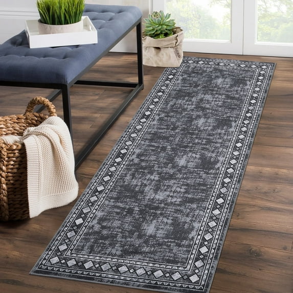 Garvee 2x6 Bordered Runner Rugs for Hallway, Non-Slip Washable Rugs Modern Soft Throw Rugs Low-Pile Stain Resistant Carpet for Kitchen Entryway Bathroom, Gray