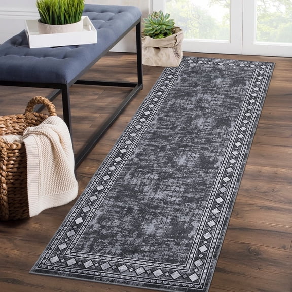 Garvee 2x6 Bordered Runner Rugs for Hallway, Non-Slip Washable Rugs Modern Soft Throw Rugs Low-Pile Stain Resistant Carpet for Kitchen Entryway Bathroom, Gray