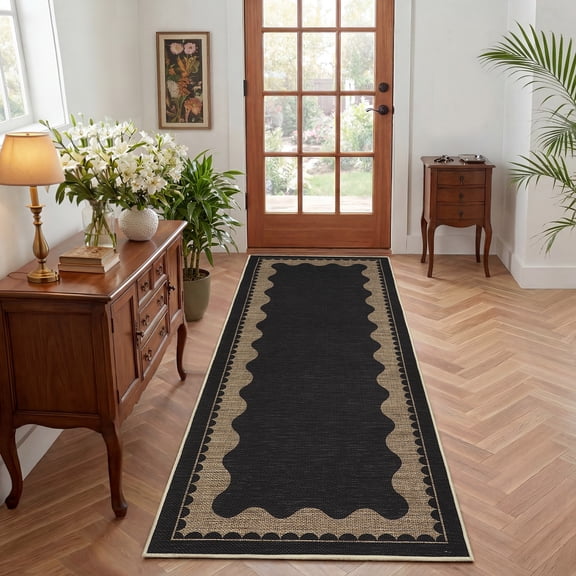 Garvee 2x6 Easy Jute Rug Modern Bordered Runner Rug, Washable Solid Rug Non Slip Indoor Carpet for Bedroom Hallway Home Office, Black