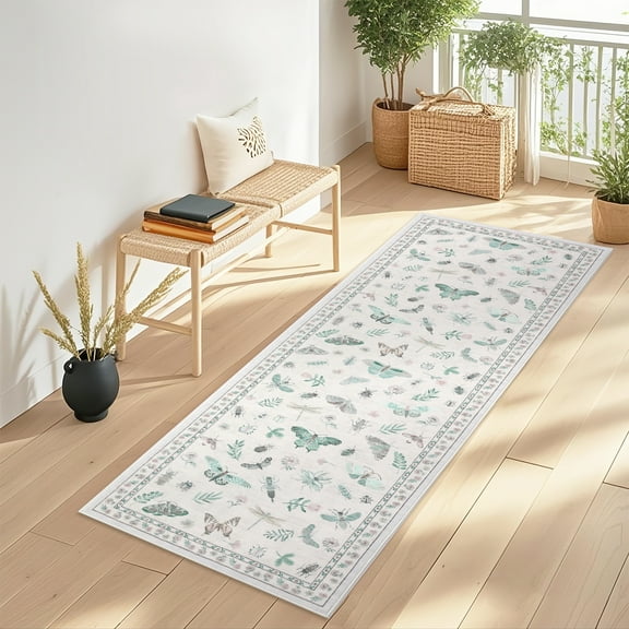 Garvee 2x6 Floral Insect Print Runner Rug, Modern Machine Washable Rug Stain Resistant Non-Slip Backing Rug Low Pile Floor Cover for Bedroom Entryway Laundry Room, Beige