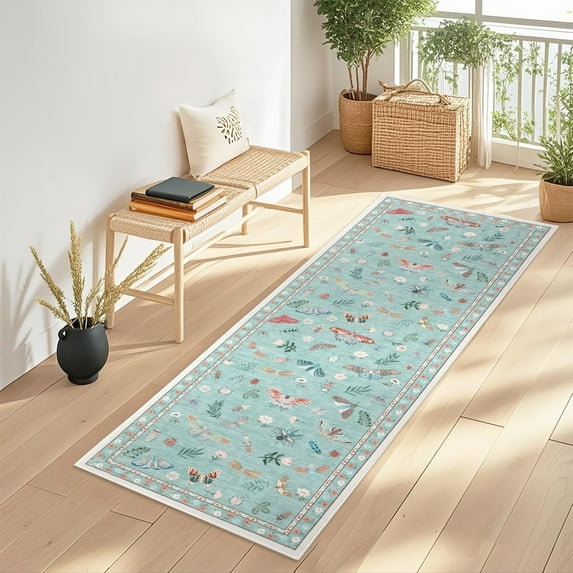 Garvee 2x6 Floral Insect Print Runner Rug, Modern Machine Washable Rug Stain Resistant Non-Slip Backing Rug Low Pile Floor Cover for Bedroom Entryway Laundry Room, Green