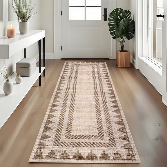 Garvee 2x6 Geometric Bordered Rug Solid Runner Rug with Non Slip Backing, Washable Rug Soft Neutral Floor Mat for Hallway Bedroom Kitchen, Brown