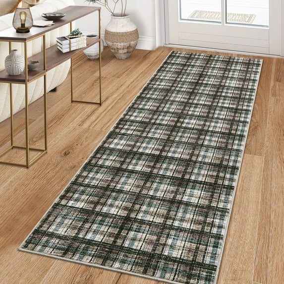 Garvee 2x6 Geometric Striped Runner Rug, Machine Washable Plaid Rugs With Non-Slip Backing Low Pile Stain Resistant Indoor Carpet for Hallway Kitchen Entryway Bathroom, Blue Green