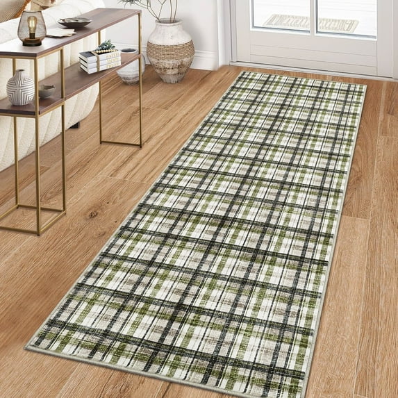 Garvee 2x6 Geometric Striped Runner Rug, Machine Washable Plaid Rugs With Non-Slip Backing Low Pile Stain Resistant Indoor Carpet for Hallway Kitchen Entryway Bathroom, Green