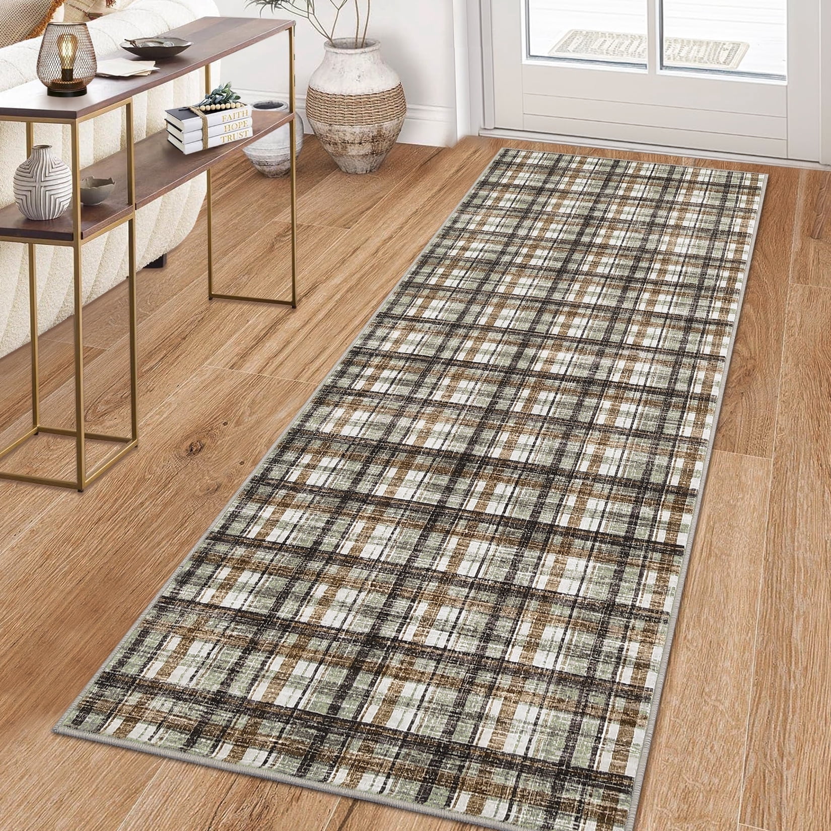 Garvee 2x6 Geometric Striped Runner Rug, Machine Washable Plaid Rugs With Non-Slip Backing Low Pile Stain Resistant Indoor Carpet for Hallway Kitchen Entryway Bathroom, Coffee