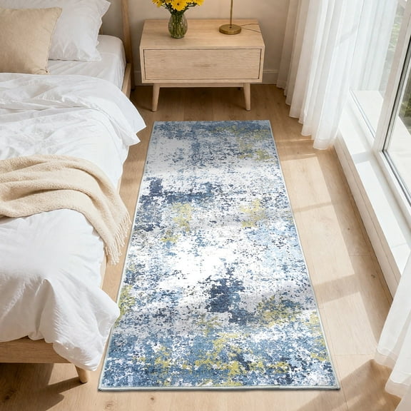 Garvee 2x6 Modern Abstract Runner Rug Hallway Rug, Washable Rug with Non Slip TPR Backing Low Pile Soft Thin Indoor Carpet for Bedroom Home Office, Blue