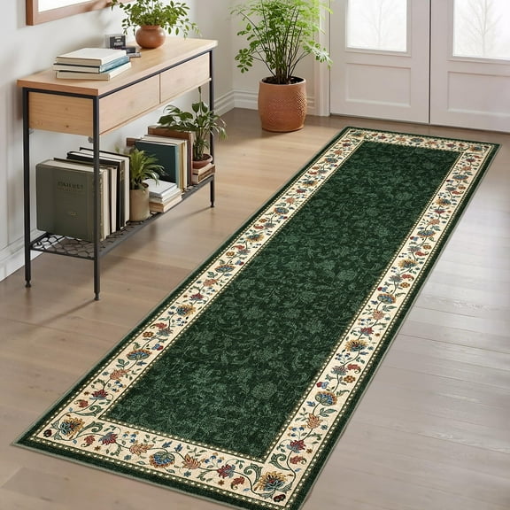 Garvee 2x6 Modern Bordered Runner Rugs Floral Print Rug, Ultra-Soft Low Pile Non Slip Carpet Washable Stain Resistant Rug for Hallway Kitchen Laundry Bedroom, Green