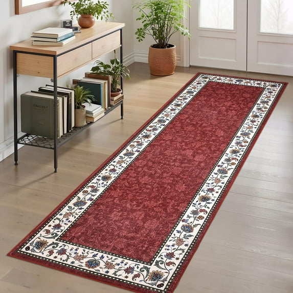 Garvee 2x6 Modern Bordered Runner Rugs Floral Print Rug, Ultra-Soft Low Pile Non Slip Carpet Washable Stain Resistant Rug for Hallway Kitchen Laundry Bedroom, Red