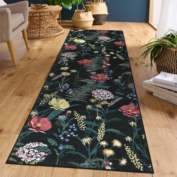 Garvee 2x6 Modern Floral Runner Rugs Washable Farmhouse Carpet, Non-Slip Low Pile Indoor Rug Carpet for Hallway Bedroom Entryway Laundry Room, Black