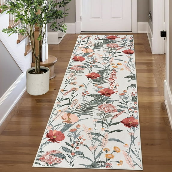 Garvee 2x6 Modern Floral Runner Rugs Washable Farmhouse Carpet, Non-Slip Low Pile Indoor Rug for Hallway Bedroom Entryway Laundry Room, Beige