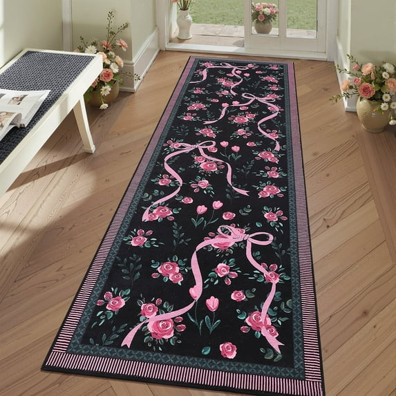 Garvee 2x6 Runner Rug Modern Floral Print Rugs for Hallway, Machine Washable Rug Soft Non Slip Indoor Rug Carpet, Low Pile Ultra Thin Farmhouse Rugs for Entryway Laundry Room Bedroom, Black