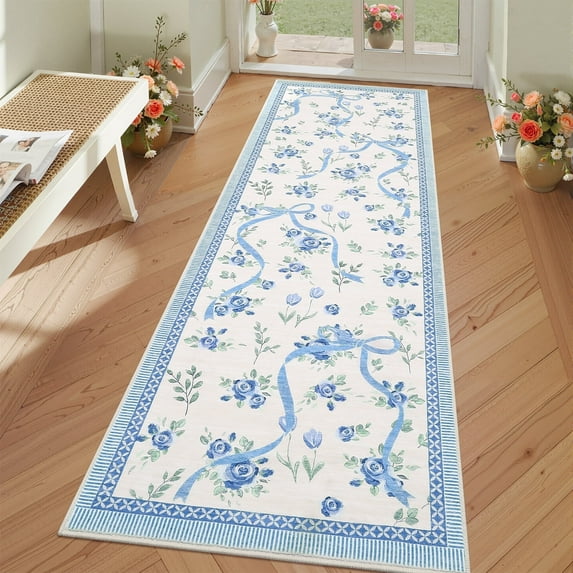 Garvee 2x6 Runner Rug Modern Floral Print Rugs for Hallway, Machine Washable Rug Soft Non Slip Indoor Rug Carpet, Low Pile Ultra Thin Farmhouse Rugs for Entryway Laundry Room Bedroom, Beige and Blue