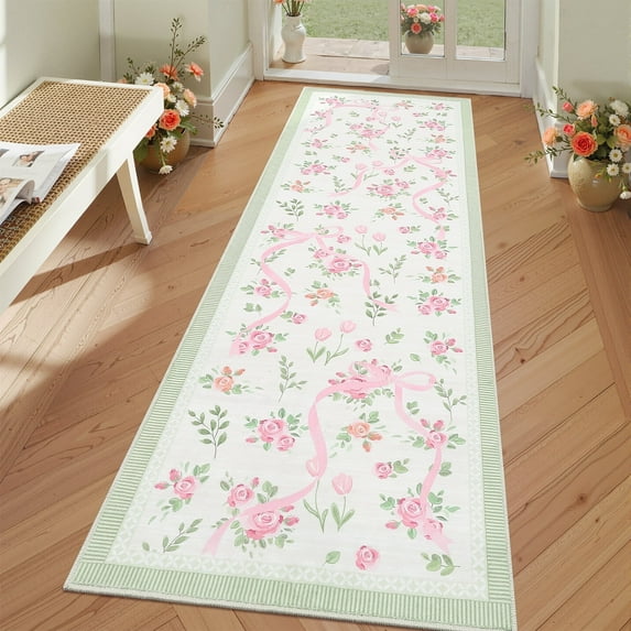 Garvee 2x6 Runner Rug Modern Floral Print Rugs for Hallway, Machine Washable Rug Soft Non Slip Indoor Rug Carpet, Low Pile Ultra Thin Farmhouse Rugs for Entryway Laundry Room Bedroom, Green and Pink