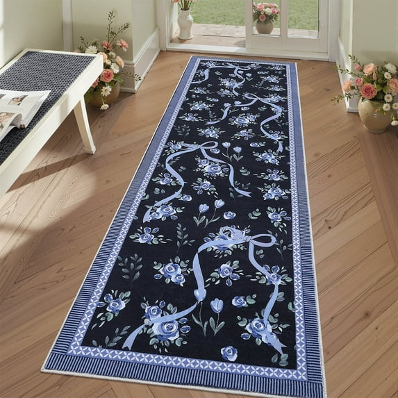 Garvee 2x6 Runner Rug Modern Floral Print Rugs for Hallway, Machine Washable Rug Soft Non Slip Indoor Rug Carpet, Low Pile Ultra Thin Farmhouse Rugs for Entryway Laundry Room Bedroom, Blue
