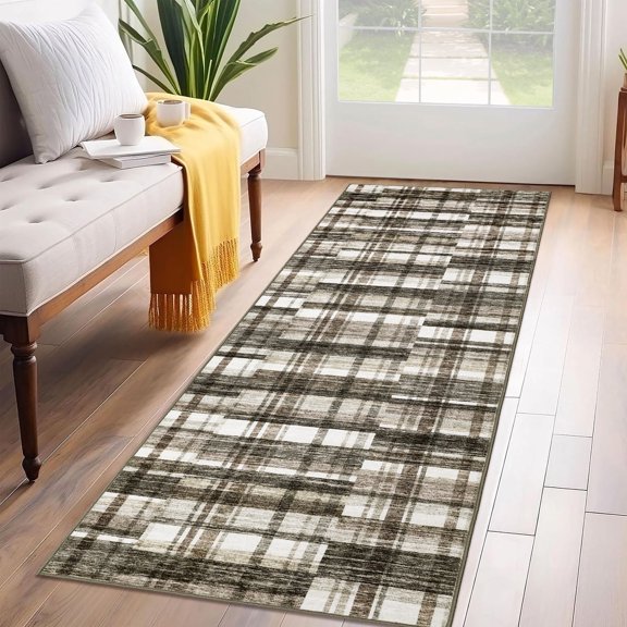 Garvee 2x6 Runner Rugs Modern Striped Geometric Area Rug, Washable Abstract Plaid Rug Non-Slip Backing Stain Resistant Rug Low Pile Floor Carpet for Hallway Kitchen Entryway Bathroom, Brown