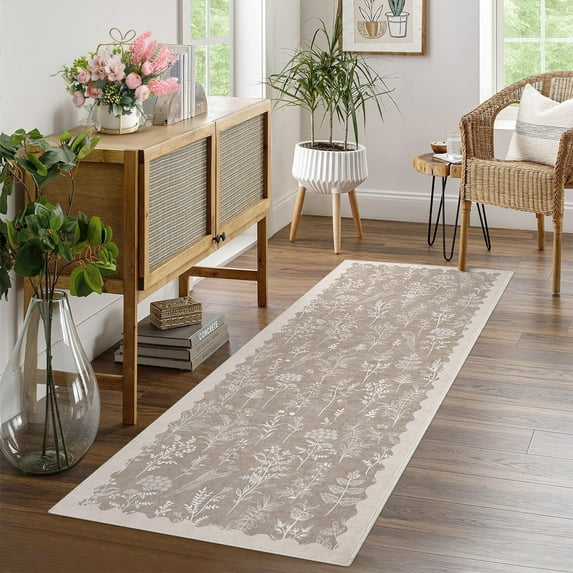 Garvee 2x6 Modern Floral Runner Rugs Hallway Rug, Washable Botanical Printed Rug Low Pile Non-Slip Foldable Indoor Rug Carpet for Entryway Laundry Room Bedroom, Light Brown
