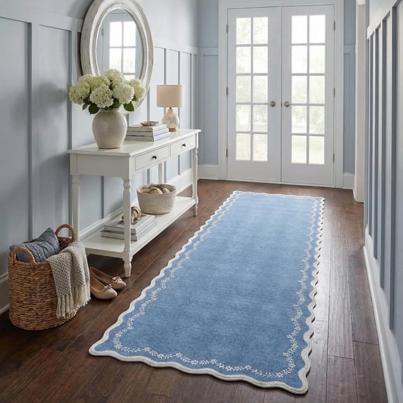 Garvee 2x6 Scalloped Runner Rugs Floral Print Rug with Non Slip Backing, Washable Indoor Carpet for Hallway Bedroom Kitchen, Blue