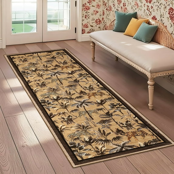 Garvee 2x6 Tiger Runner Rug Washable Rug, Tropical Jungle Plant Printed Rugs Non Slip Non Shedding Indoor Rug Carpet for for Hallway Kitchen Entryway, Brown