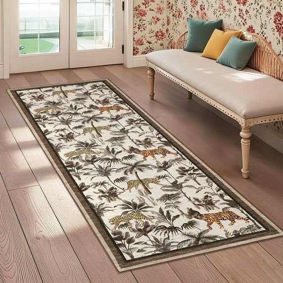 Garvee 2x6 Tiger Runner Rug Washable Rug, Tropical Jungle Plant Printed Rugs Non Slip Non Shedding Indoor Rug Carpet for for Hallway Kitchen Entryway, Camel