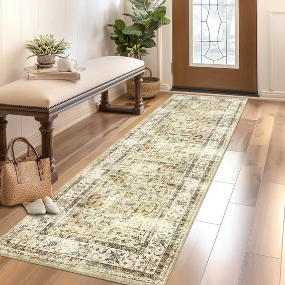 Garvee 2x6 Vintage Runner Rug Floral Print Accent Carpet, Washable Non-Slip Rugs Oriental Rug Traditional Low Pile Rug for Bedroom Entryway Laundry Room, Beige