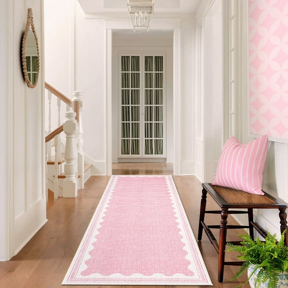 Garvee 2x6ft Modern Bordered Runner Rugs Washable Rug, Solid Rug Ultra Soft Rugs with Non Slip Backing, Low Pile Throw Rugs Carpet for Hallway Entryway Laundry Room Bedroom, Pink
