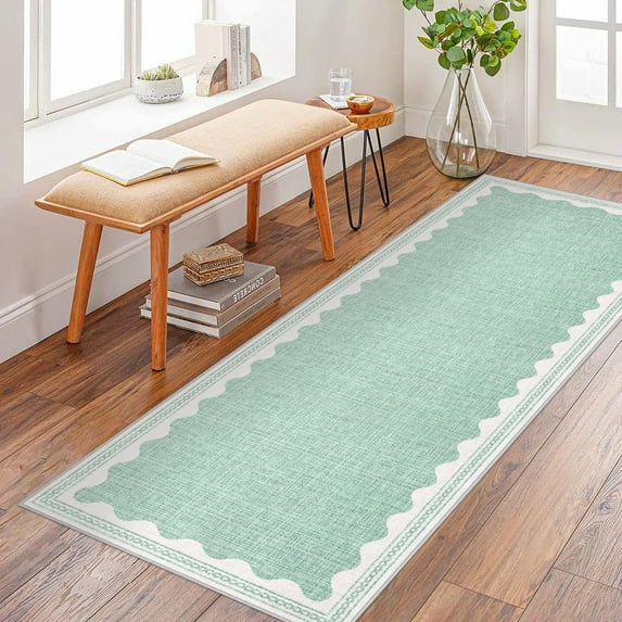 Garvee 2x6ft Modern Bordered Runner Rugs Washable Rug, Solid Rug Ultra Soft Rugs with Non Slip Backing, Low Pile Throw Rugs Carpet for Hallway Entryway Laundry Room Bedroom, Green