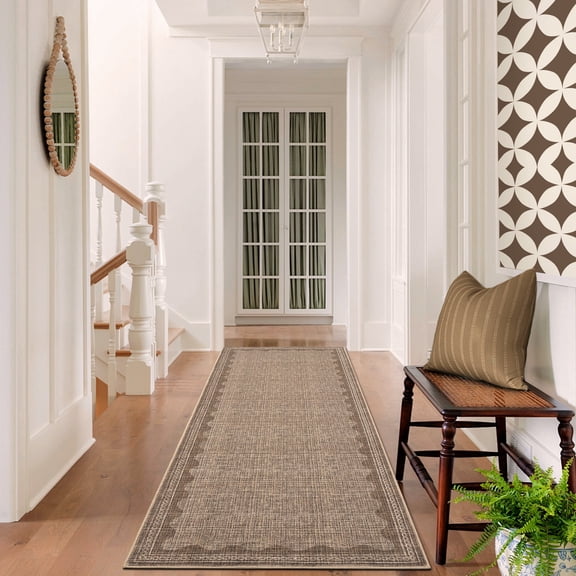 Garvee 2x6ft Modern Bordered Runner Rugs Washable Rug, Solid Rug Ultra Soft Rugs with Non Slip Backing, Low Pile Throw Rugs Carpet for Hallway Entryway Laundry Room Bedroom, Coffee