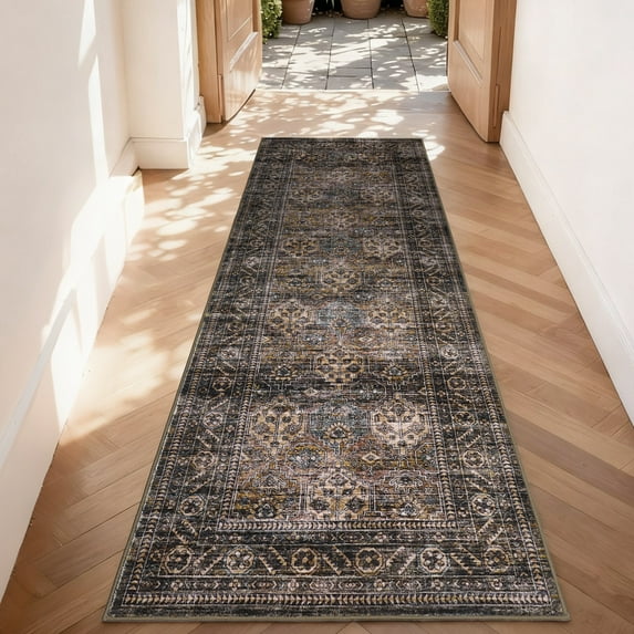 Garvee 2x6ft Vintage Floral Runner Rug, Washable Rug Boho Distressed Carpet Non-Slip Throw Rug for Hallway Bedroom Home Office, Brown