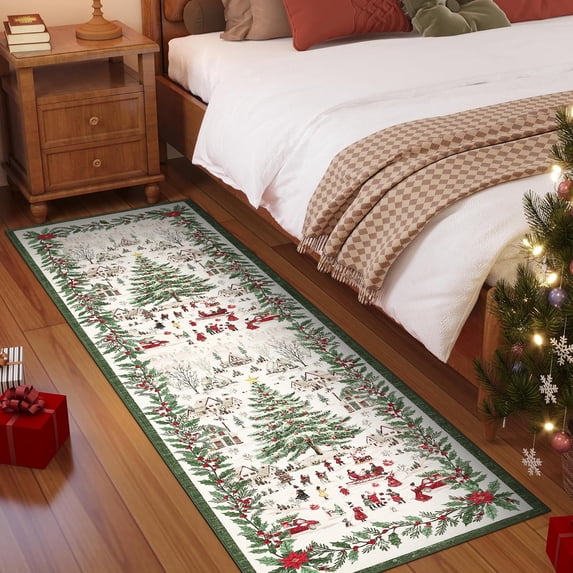Garvee 2x8 Christmas Runner Rug Washable Xmas Holiday Indoor Rug with Non-Slip Backing, Low Pile Christmas Trees Print Carpet for Hallway Entryway Bedroom, Beige