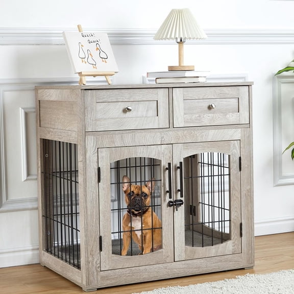 Garvee 3-Doors Dog Crate Furniture, 31.5"L Medium Wooden Dog Kennel with 2 Storage Drawers & Cushion, Gray