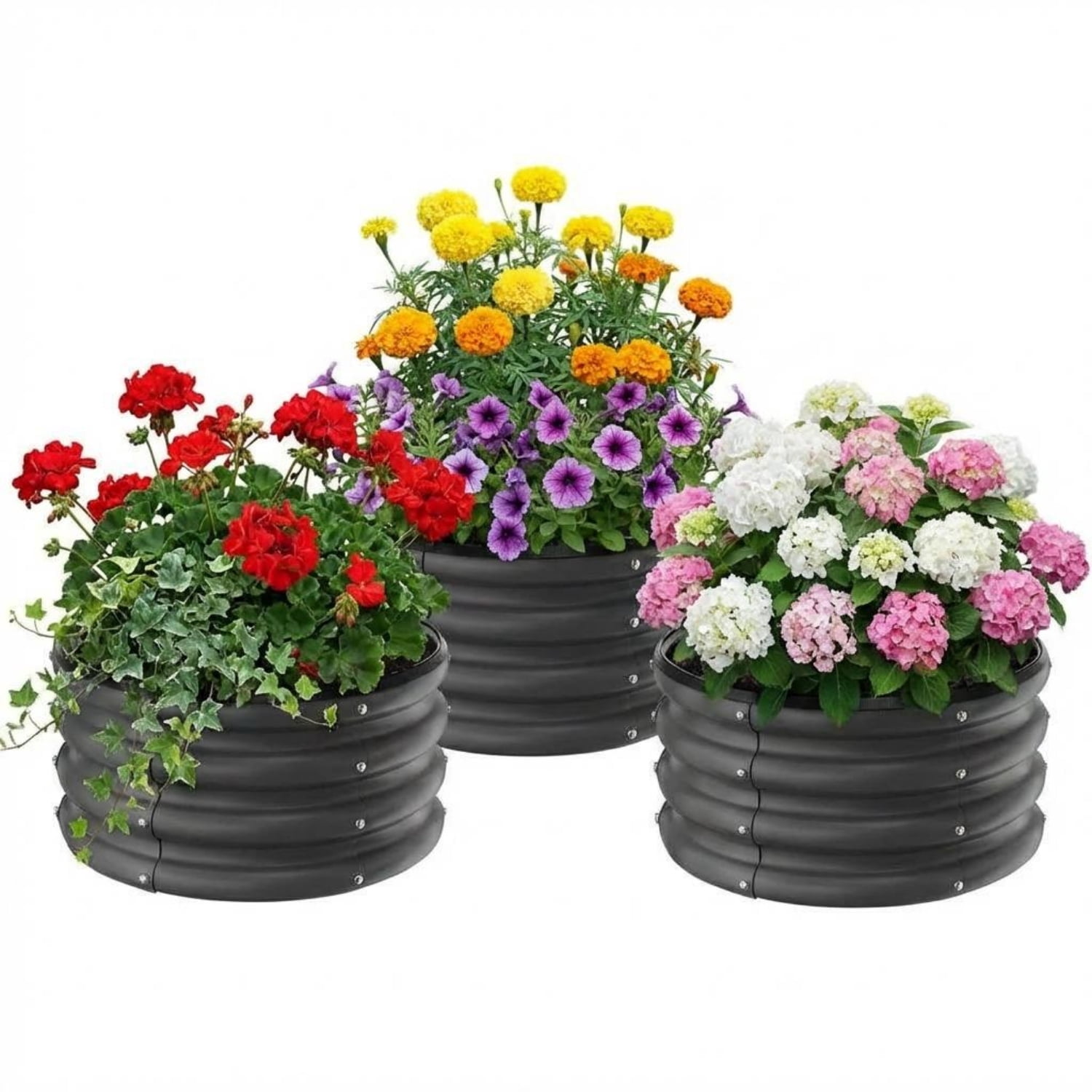 Garvee 3 Pack Round Metal Planters Galvanized Raised Garden Bed 23.62 x 23.62 x 11.02", Black