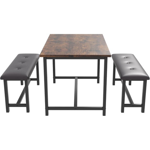Garvee 3 Piece Dining Table Set for 4, Modern Industrial Wooden Kitchen Table with 2 Upholstered Benches, Space Saving Metal Frame Dining Set for Living Room, Dining Room, Apartment