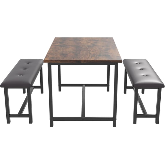 Garvee 3 Piece Dining Table Set for 4, Modern Industrial Wooden Kitchen Table with 2 Upholstered Benches, Space Saving Metal Frame Dining Set for Living Room, Dining Room, Apartment