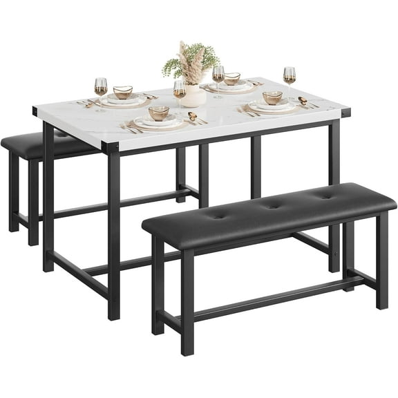 Garvee 3 Piece Dining Table Set for 4, Modern Industrial Wooden Kitchen Table with 2 Upholstered Benches, Space Saving Metal Frame Dining Set for Living Room, Dining Room, Apartment