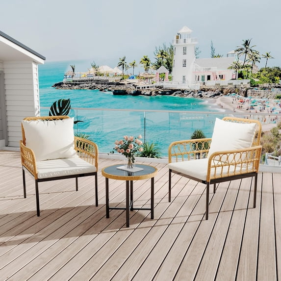 Garvee 3 Pieces Outdoor Patio Furniture Set with Table, All-Weather Boho Wicker Rattan Patio Sectional Sofa, Metal Frame, Detachable Cushions, for Patio, Balcony, Backyard, Deck, Poolside, Beige
